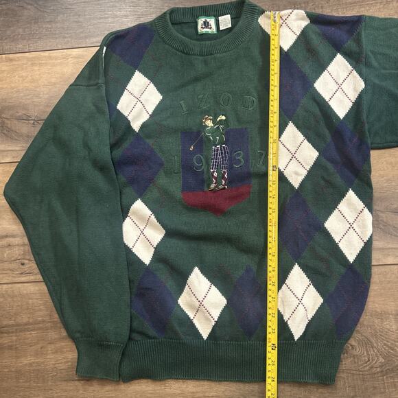 Vintage IZOD Golf Knit Sweater Men’s Large Green Embroidered Spell Argyle Retro - Picture 4 of 6